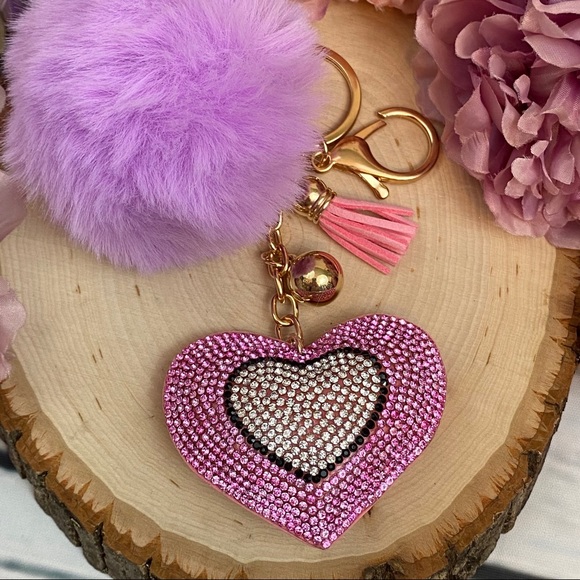 Heart with Pink Rhinestones & Pom Pom on Keychain - Picture 10 of 13